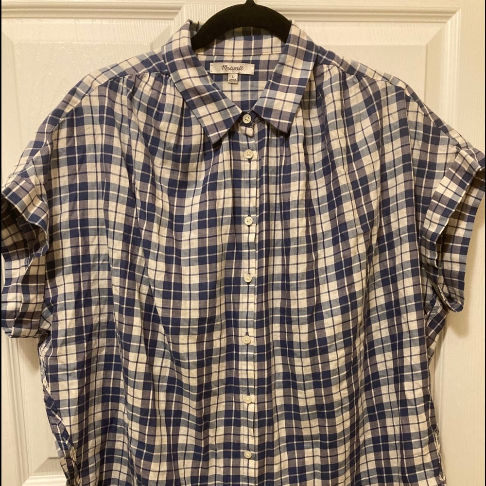 Madewell Blue Plaid Open Back S/S Top Size L